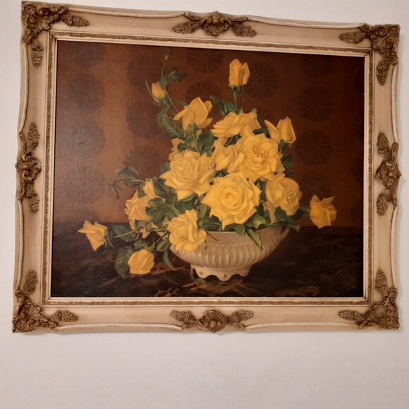 1959 YELLOW ROSE BOUQUET FRAMED PAINTED ART, GORGEOUS - Picture 9 of 16
